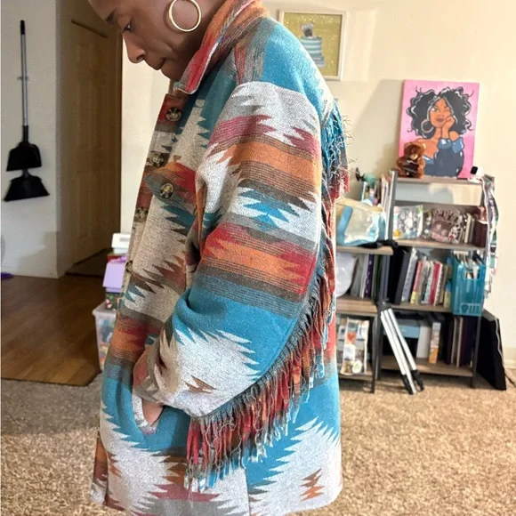 Southwestern Aztec Fringe Jacket | Oversized Tribal Print Shacket Coat - Picture 4 of 7
